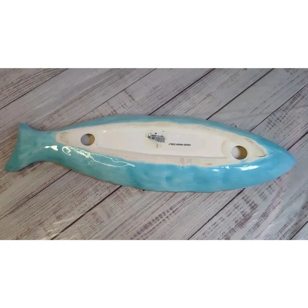 Blue Aqua Ceramic Fish Shaped Serve Ocean Decor Trinket Dish 16"L, 5"W, 1 1/2"H - Picture 4 of 7